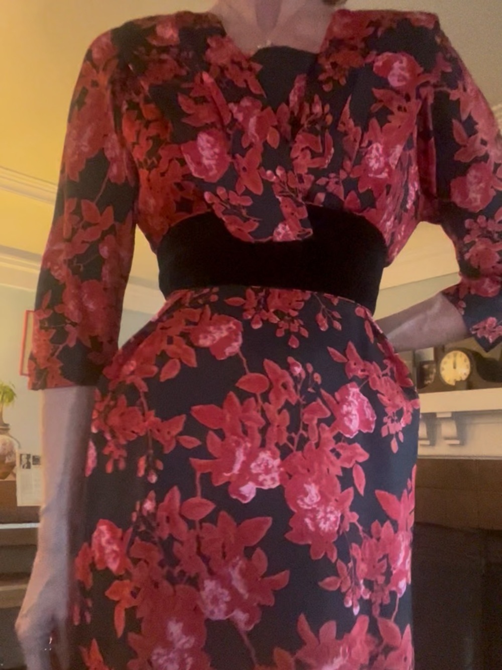 1950s silk Vintage Black red Midi Dress small/medium